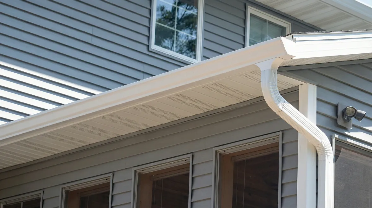 Professional home remodeling project showing newly installed white seamless gutters and downspouts on a house with gray siding in Indianapolis, IN