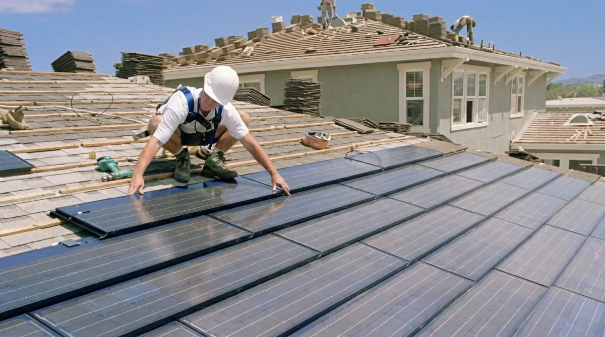 Roof replacement expert installing modern solar shingles on a residential home in Indianapolis, IN