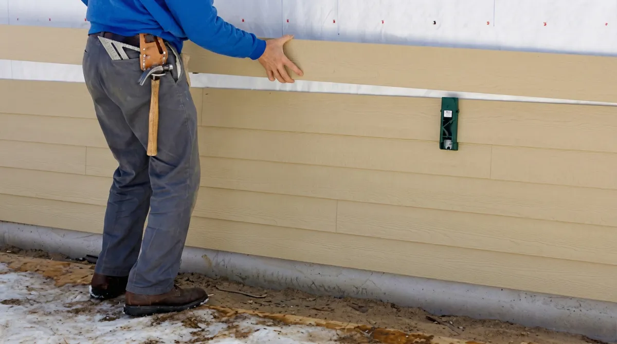 Siding replacement expert carefully aligning a new tan siding panel onto a residential exterior wall in Indianapolis, IN