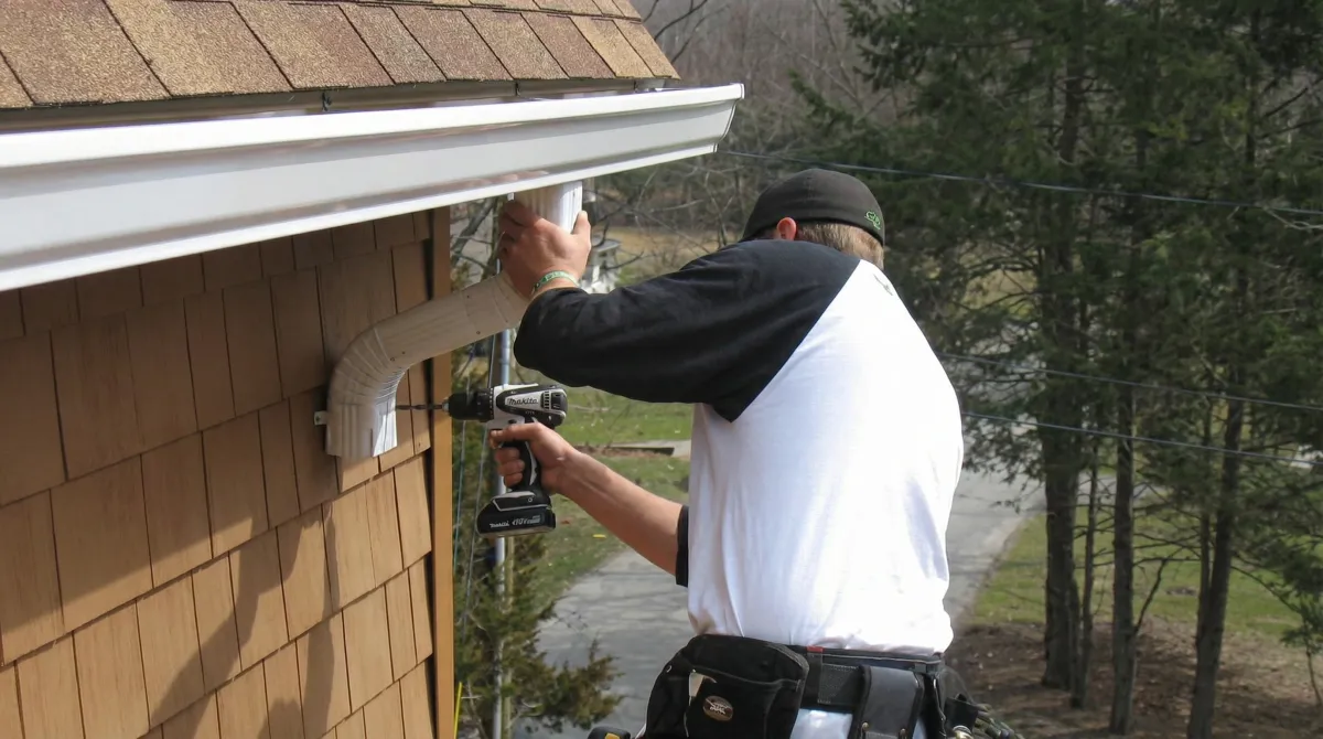 Professional contractor installing tan vinyl siding panels on a residential home exterior in Indianapolis, IN