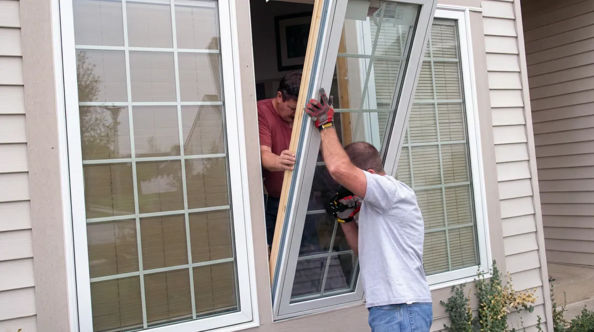 Professional home remodeling team installing a large replacement window on a house with tan siding in Indianapolis, IN